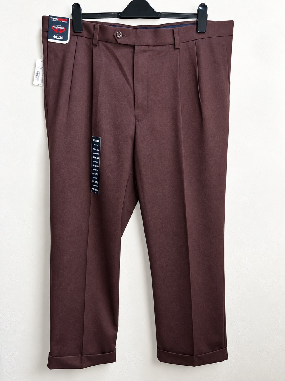 Travel Smart Roundtree & Yorke Men 40x30 Pleated Stretch Cotton Pants Brown NWT